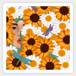 Sunflowers, Daisies and The Dragonflies Sticker